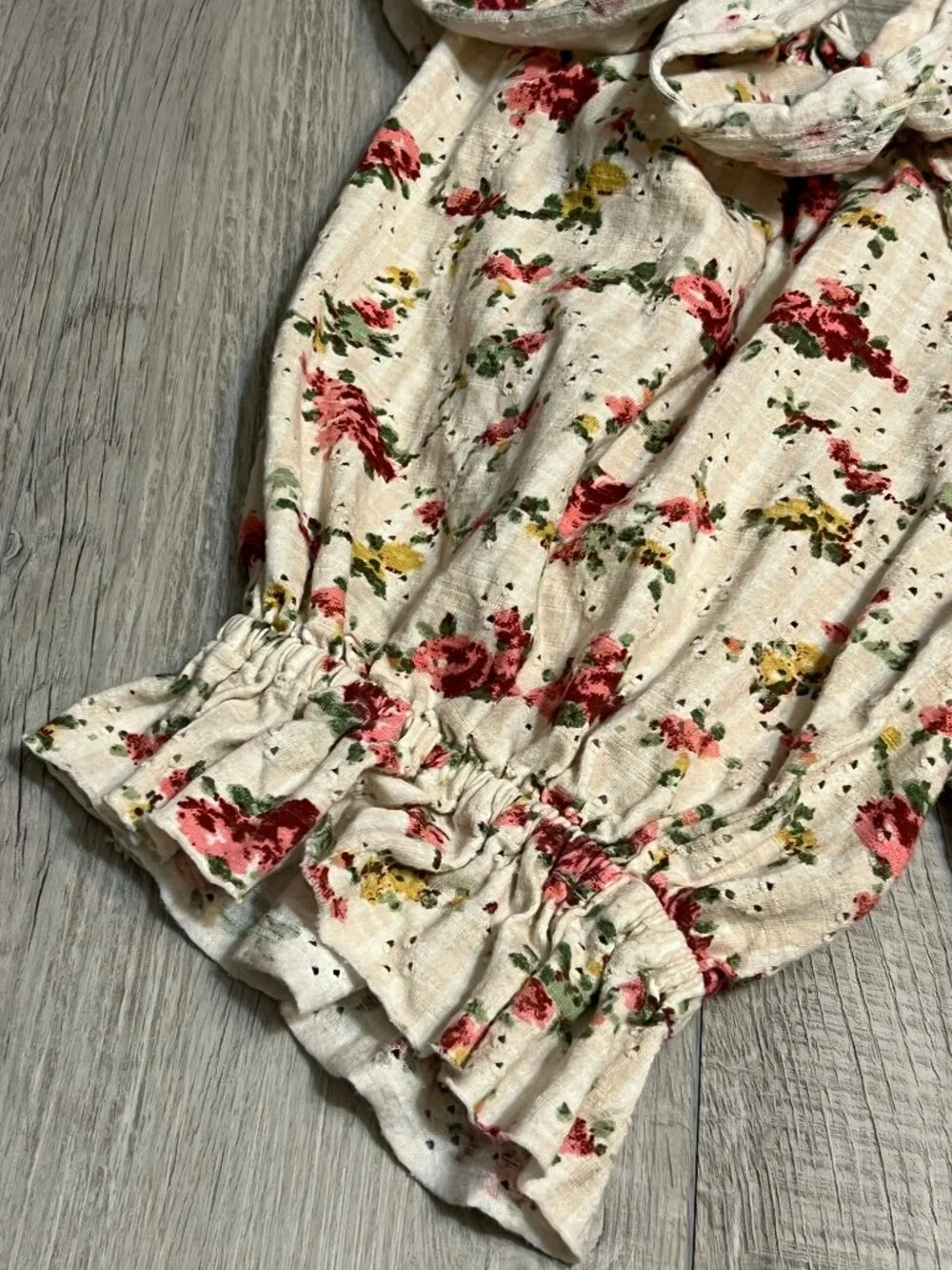 Free People Floral Smocked Ruffle Blouse Top Size L Fairy Cottagecore Boho